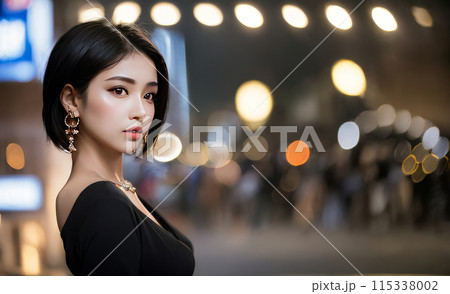 AI生成画像、街灯をバックに佇む黒いドレスの女性一人 115338002