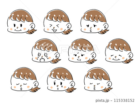 笑顔や落ち込んだり、泣き顔、困り顔などの色んな表情の女の子のイラストセット 115338152