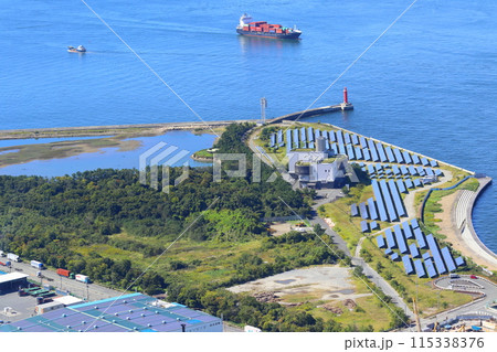 高層ビル展望台からの、大阪南港の眺望:南港野鳥園と、咲洲メガソーラー発電所 高層ビル展望台からの、大阪南港の眺望:南港野鳥園と、咲洲メガソーラー発電所 115338376
