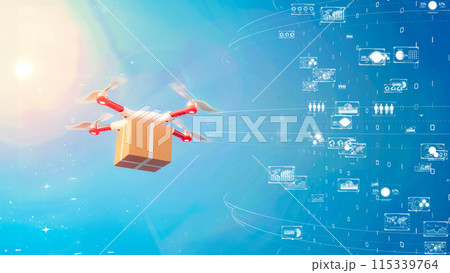 次世代の配送技術を示すホログラフィックディスプレイを備えた未来的物流コンセプト 115339764