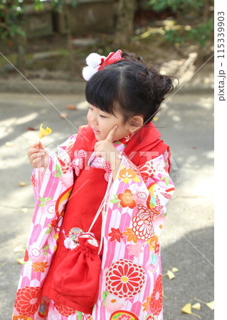 七五三詣、三歳のお祝いロケーション撮影、被布和装キッズフォト 115339903