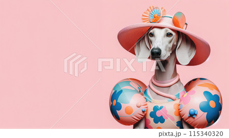 Funny dog wearing summer fashion on pastel background. Summer Vacation Concept. 115340320