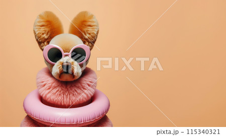 Funny dog wearing summer fashion on pastel background. Summer Vacation Concept. 115340321