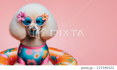 Funny dog wearing summer fashion on pastel background. Summer Vacation Concept. 115340322