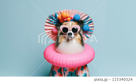 Funny dog wearing summer fashion on pastel background. Summer Vacation Concept. 115340324
