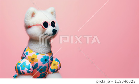 Funny dog wearing summer fashion on pastel background. Summer Vacation Concept. 115340325