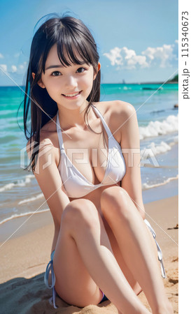 夏空のビーチでビキニの水着を着た笑顔の若い女性 115340673