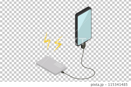 防災グッズ、スマホ充電モバイルバッテリーのシンプルなアイソメトリックイラスト 115341485