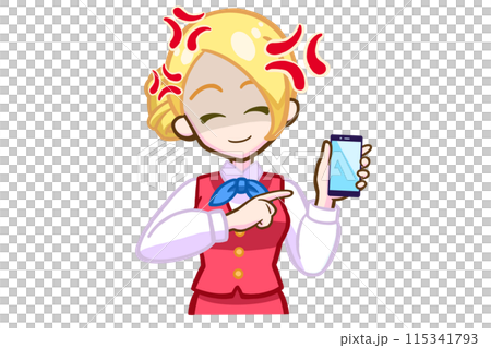 A smiling blonde woman angrily holding a smartphone and pointing A smiling blonde woman angrily holding a smartphone and pointing 115341793