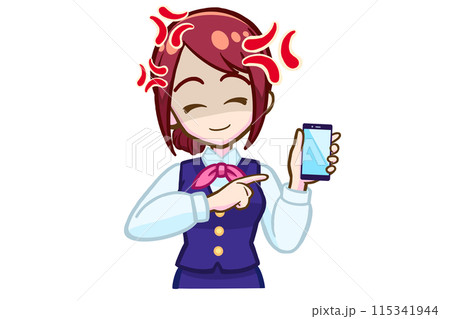 怒りながらスマホを持って指を指す笑顔の女性 怒りながらスマホを持って指を指す笑顔の女性 115341944