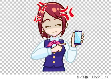 怒りながらスマホを持って指を指す笑顔の女性 怒りながらスマホを持って指を指す笑顔の女性 115341944