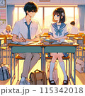 仲良く教室で勉強している高校生の男女 115342018