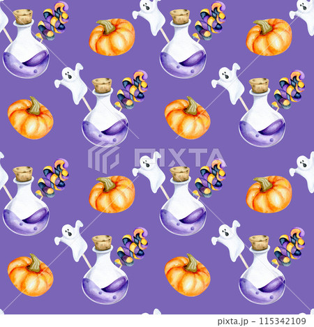 Happy Halloween seamless pattern on violet with pumpkins, violet magic bottle and candy. Watercolor background for october kid's party ,wrapping paper, stationery design. Scary celebration. 115342109