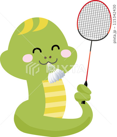 バドミントンをする笑顔のヘビのイラスト 115342430