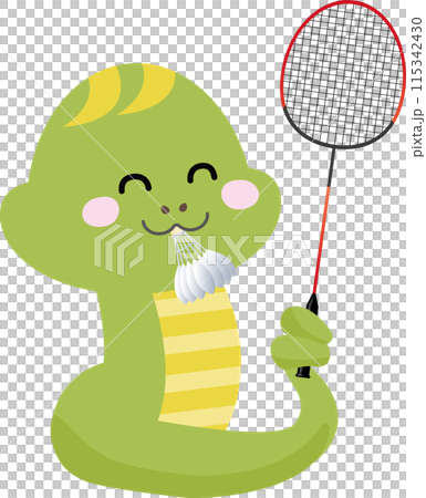 バドミントンをする笑顔のヘビのイラスト 115342430