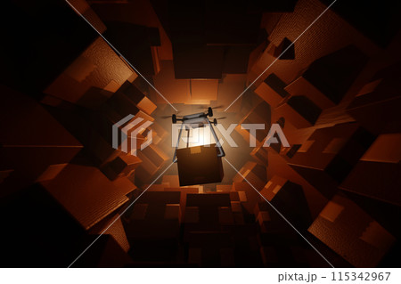 Drone delivery parcel into tunnel full of parcel boxes try to find exit, future express delivery Drone delivery parcel into tunnel full of parcel boxes try to find exit, future express delivery 115342967