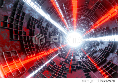 Flying into sci-fi tunnel with glowing neon light, loop motion graphic for technology concept, 3D Flying into sci-fi tunnel with glowing neon light, loop motion graphic for technology concept, 3D 115342976