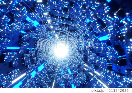Flying into sci-fi tunnel with glowing neon light, loop motion graphic for technology concept, 3D Flying into sci-fi tunnel with glowing neon light, loop motion graphic for technology concept, 3D 115342983