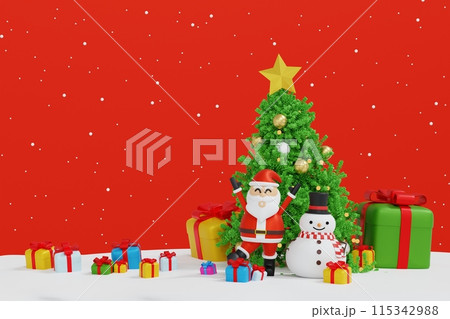 Santa clause with sleigh near snowman Christmas tree gifts box, Happy New year and Merry Christmas Santa clause with sleigh near snowman Christmas tree gifts box, Happy New year and Merry Christmas 115342988