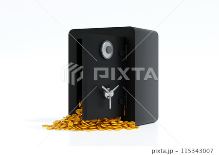 Opening steel safe box with gold coin falling out, security bank safe, 3D rendering. Opening steel safe box with gold coin falling out, security bank safe, 3D rendering. 115343007
