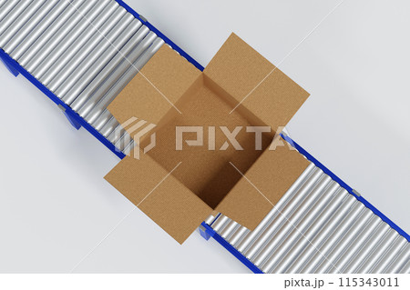 Cardboard box parcel on conveyor belt, production ling automated machine, 3D rendering. Cardboard box parcel on conveyor belt, production ling automated machine, 3D rendering. 115343011