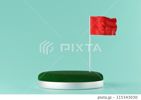 Green grass podium with red flag for product show, 3D rendering. 115343030