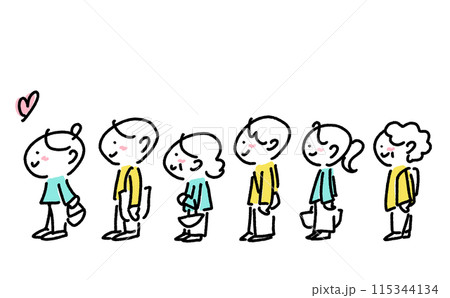 笑顔で行列に並ぶ人々　老若男女　整列　大勢　買い物　コミケ　シンプルで可愛い線画イラスト 115344134