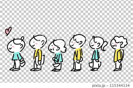 笑顔で行列に並ぶ人々　老若男女　整列　大勢　買い物　コミケ　シンプルで可愛い線画イラスト 115344134