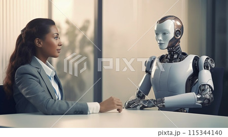 Futuristic job interview. Young black woman HR hiring AI robot applicant. Recruitment. AI Generated 115344140