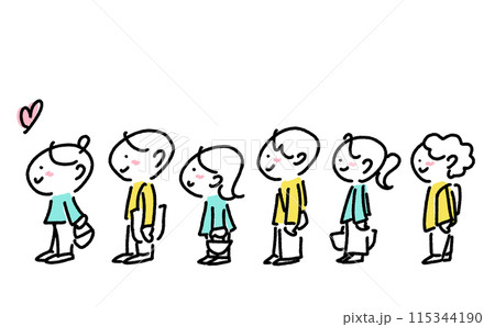 笑顔で行列に並ぶ人々　男女　整列　大勢　買い物　コミケ　シンプルで可愛い線画イラスト 115344190