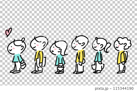 笑顔で行列に並ぶ人々　男女　整列　大勢　買い物　コミケ　シンプルで可愛い線画イラスト 115344190