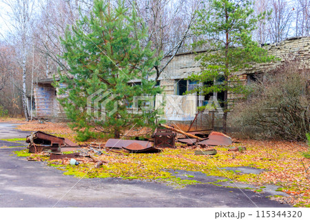 Old abandoned house in the ghost town Pripyat in Chernobyl Exclusion Zone, Ukraine Old abandoned house in the ghost town Pripyat in Chernobyl Exclusion Zone, Ukraine 115344320