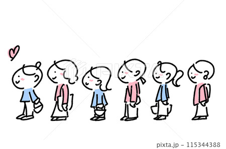 笑顔で行列に並ぶ人々　女性達　整列　大勢　買い物　コミケ　シンプルで可愛い線画イラスト 115344388