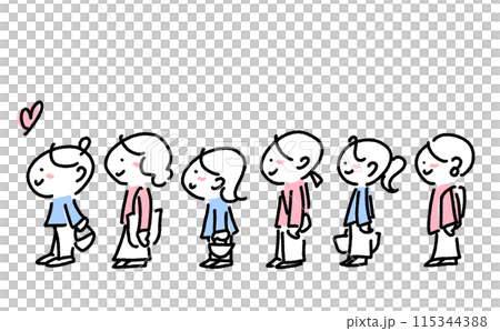 笑顔で行列に並ぶ人々　女性達　整列　大勢　買い物　コミケ　シンプルで可愛い線画イラスト 115344388