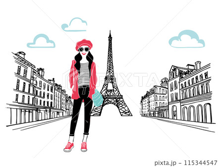 おしゃれなパリの女の子　フランス街並み手描き 115344547