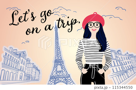おしゃれなパリの女の子 フランス街並み手描き おしゃれなパリの女の子 フランス街並み手描き 115344550