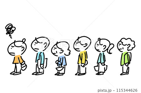 行列に並ぶ人々　老若男女　イライラ　待ち時間　ストレス　シンプルで可愛い線画イラスト 115344626