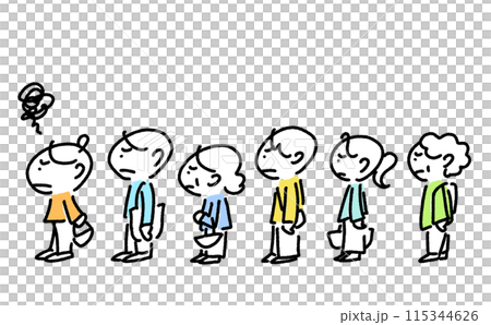 行列に並ぶ人々　老若男女　イライラ　待ち時間　ストレス　シンプルで可愛い線画イラスト 115344626
