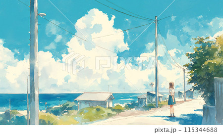 海を眺める女子高生のイラスト素材 [115344688] - PIXTA