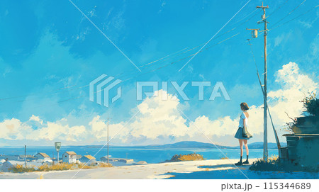 海を眺める女子高生のイラスト素材 [115344689] - PIXTA
