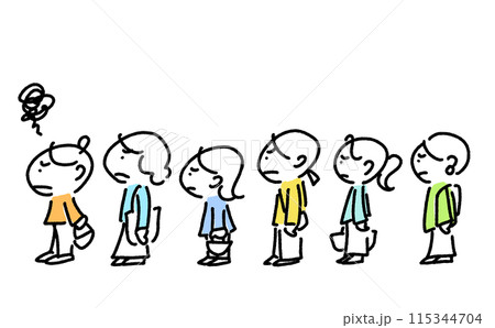行列に並ぶ人々　女性　イライラ　待ち時間　ストレス　シンプルで可愛い線画イラスト 115344704