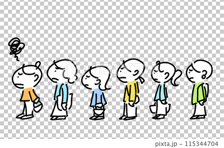 行列に並ぶ人々　女性　イライラ　待ち時間　ストレス　シンプルで可愛い線画イラスト 115344704