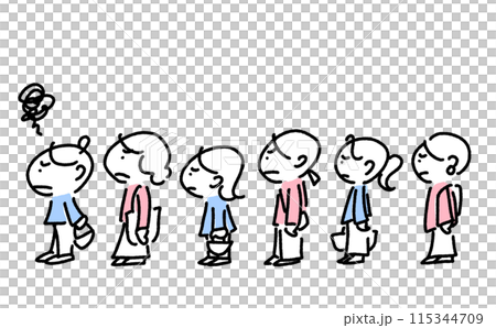 行列に並ぶ人々 女性 イライラ 待ち時間 ストレス シンプルで可愛い線画イラスト 行列に並ぶ人々 女性 イライラ 待ち時間 ストレス シンプルで可愛い線画イラスト 115344709