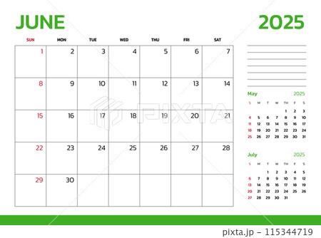June 2025 Calendar. Week start on Sunday. Desk calendar 2025 design, simple and clean design, Wall calendar for print, digital calendar, Corporate design planner template vector. 115344719
