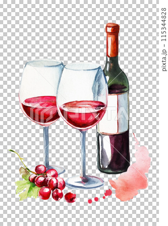 赤ワインとワイングラスの水彩イラスト 115344828