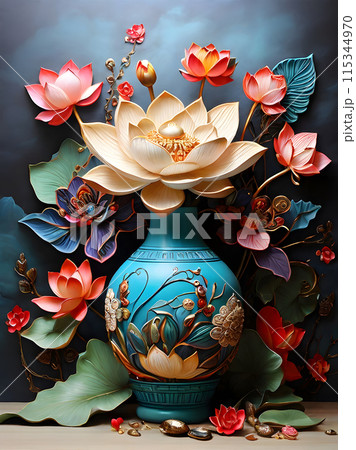 Beautiful flowers in a patterned vase. Beautiful flowers in a patterned vase. 115344970