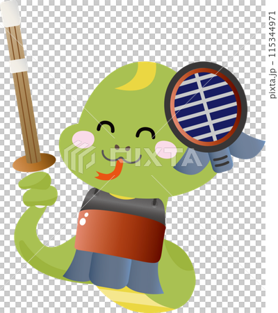 Illustration of a smiling snake wearing kendo gear 115344971