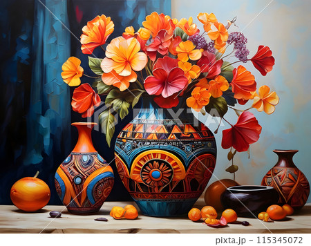 Beautiful flowers in a patterned vase. 115345072