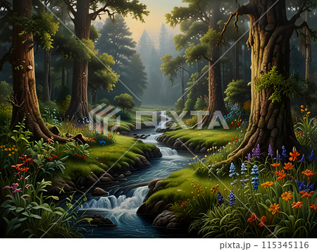 Forest and stream Vintage oil painting. 115345116