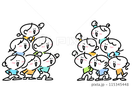 熱狂的に盛り上がる人々　男女　拳を上げる　応援　ファン　全身　シンプルで可愛い線画イラスト 115345448